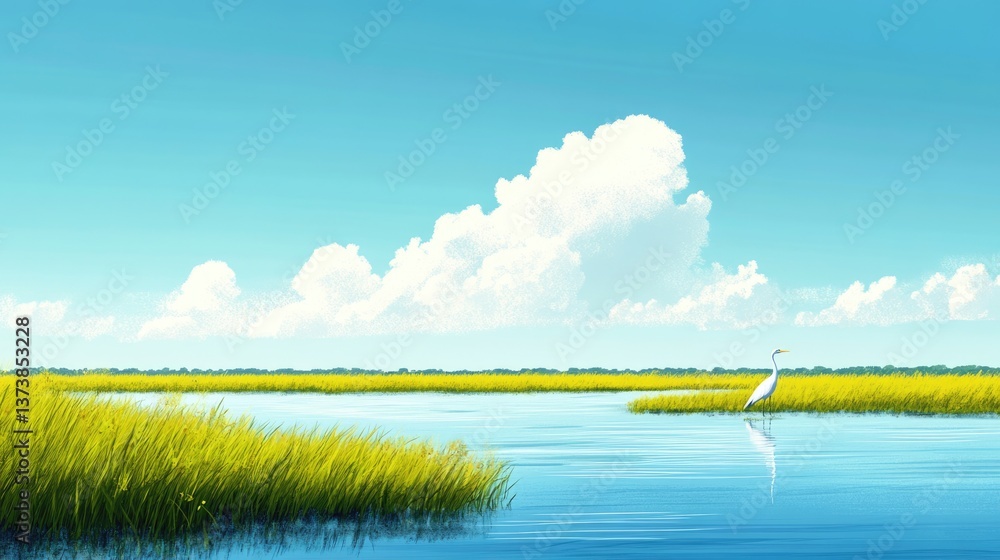 Fototapeta premium Westhampton Beach Landscape: Vibrant Salt Marsh with Intertidal Waters, Copy Space Available