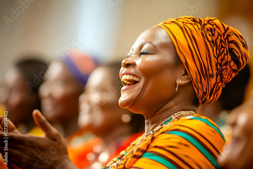 Joyful elderly African woman in traditional clothing laughing at religious event in church with other parishioners