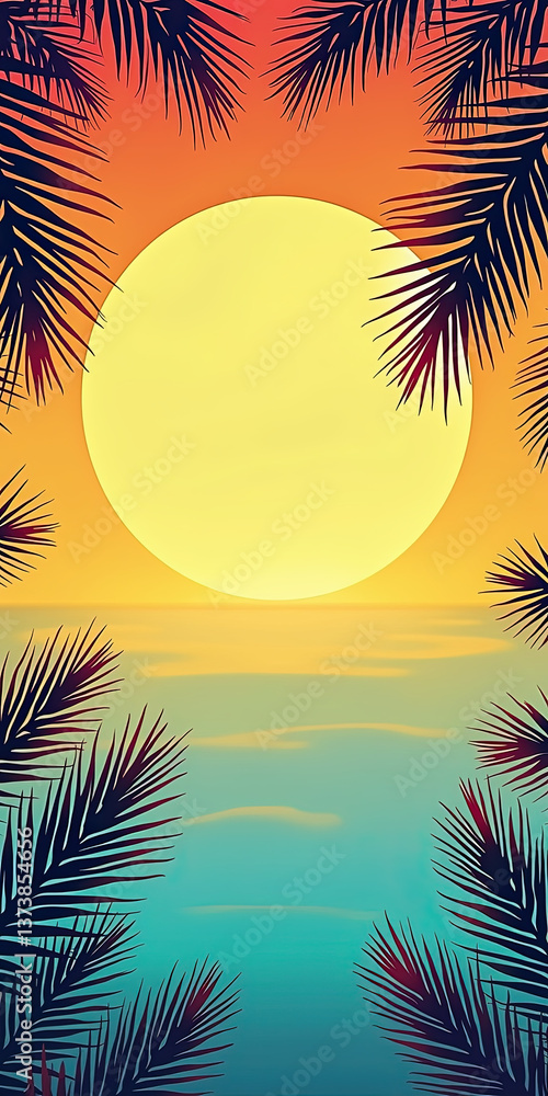 Obraz premium a vibrant sunset viewed through palm fronds, emitting rich orange and yellow hues over the calm blue ocean, creating a serene tropical atmosphere