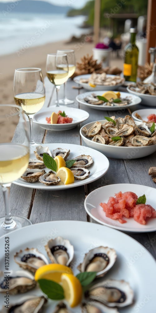 A beautiful seaside table setting featuring fresh oysters with lemon and mint, accompanied by watermelon and white wine glasses, creating a relaxing and elegant dining atmosphere A beautiful seaside table setting featuring fresh oysters with lemon and mint, accompanied by watermelon and white wine glasses, creating a relaxing and elegant dining atmosphere