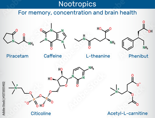 Nootropics for memory and concentration. Citicoline, L-theanine, Phenibut, Acetyl-L-carnitine, Caffeine, Piracetam