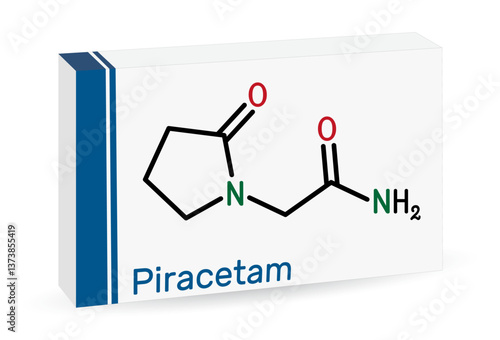 Piracetam molecule. Nootropic drug from the racetam group. Cognitive enhancer. Paper packaging for drugs.