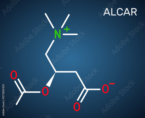Acetyl-L-carnitine, ALC, ALCAR molecule. Dietary supplement acetylcarnitine, dark blue background