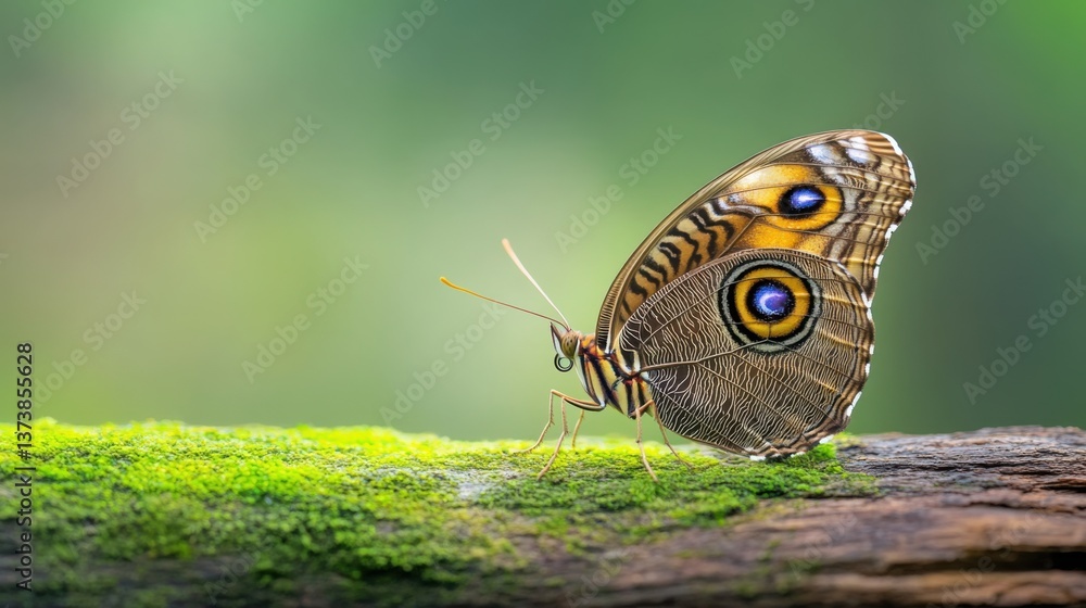 Obraz premium A mesmerizing Owl Butterfly resting on a mossy log, its intricate wing patterns mimicking the eyes of a predator.