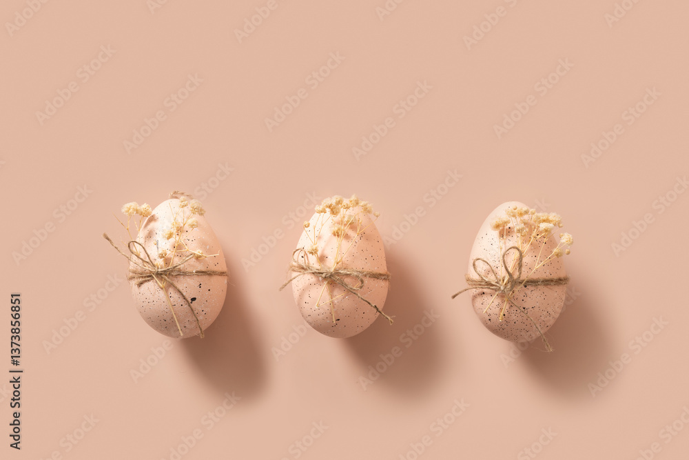 Easter three chicken pink eggs decorated white gypsophila flowers with twine on beige pink nude background. View from above. Minimal concept. Copy space.