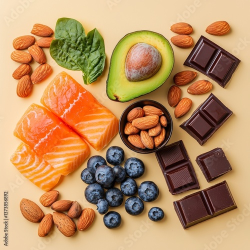 Healthy foods for glowing skin featuring salmon, avocados, blueberries, and dark chocolate on a clean background