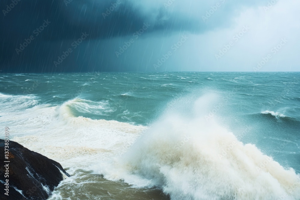 Fototapeta premium Stormy ocean waves crash against rocky shore under dark clouds,