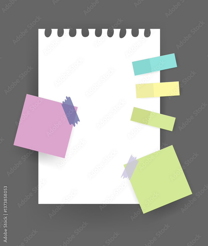 Paper notes stickers. Place for memo messages on paper sheets. Attached with sticky colorful tape on grey background isolated illustration