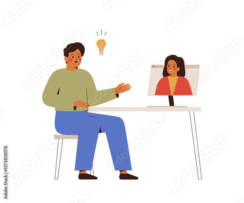Man sharing idea to colleague on online meeting. Exchange experiences between people in team. Business Collaborative thinking. Bringing together varied solutions. vector