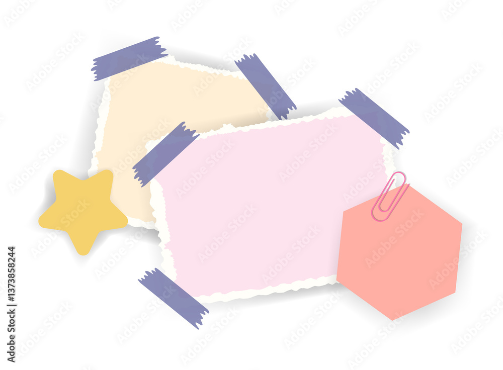 Paper notes stickers. Place for memo messages on paper sheets. Attached with sticky colorful tape on grey background isolated illustration