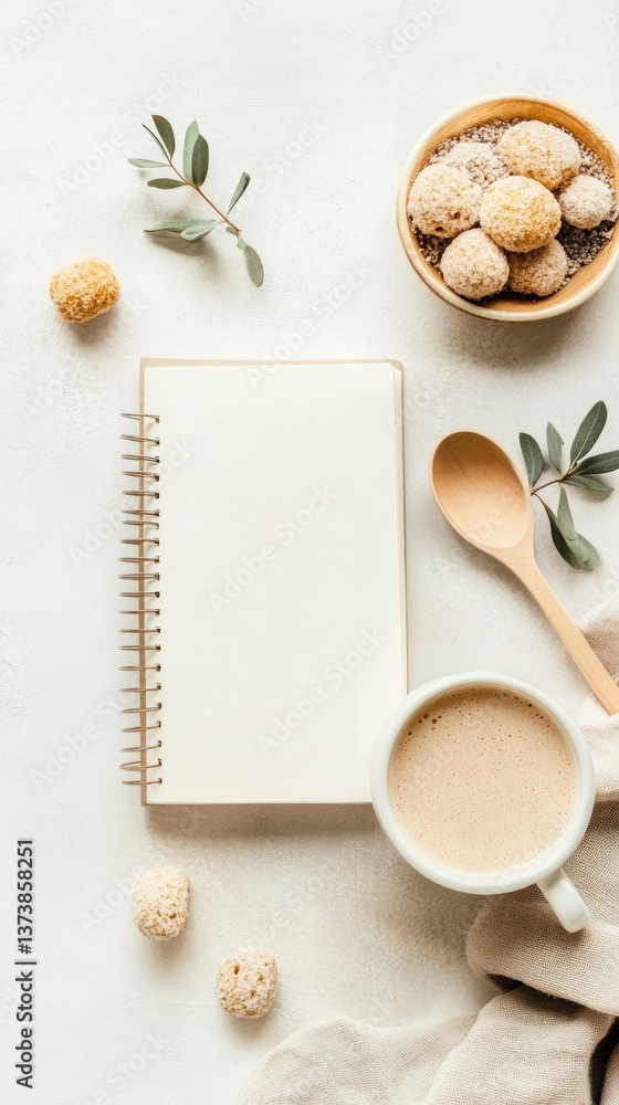 Enjoy a cozy breakfast experience with a blank notebook, a warm cup of coffee, and delightful sweet treats arranged beautifully on a soft neutral background Enjoy a cozy breakfast experience with a blank notebook, a warm cup of coffee, and delightful sweet treats arranged beautifully on a soft neutral background