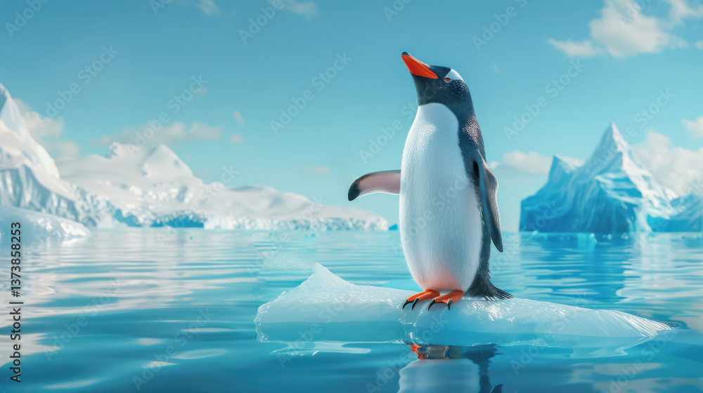 Fototapeta premium Penguin in awe while, marveling at a great sale on a sunny day in the Arctic