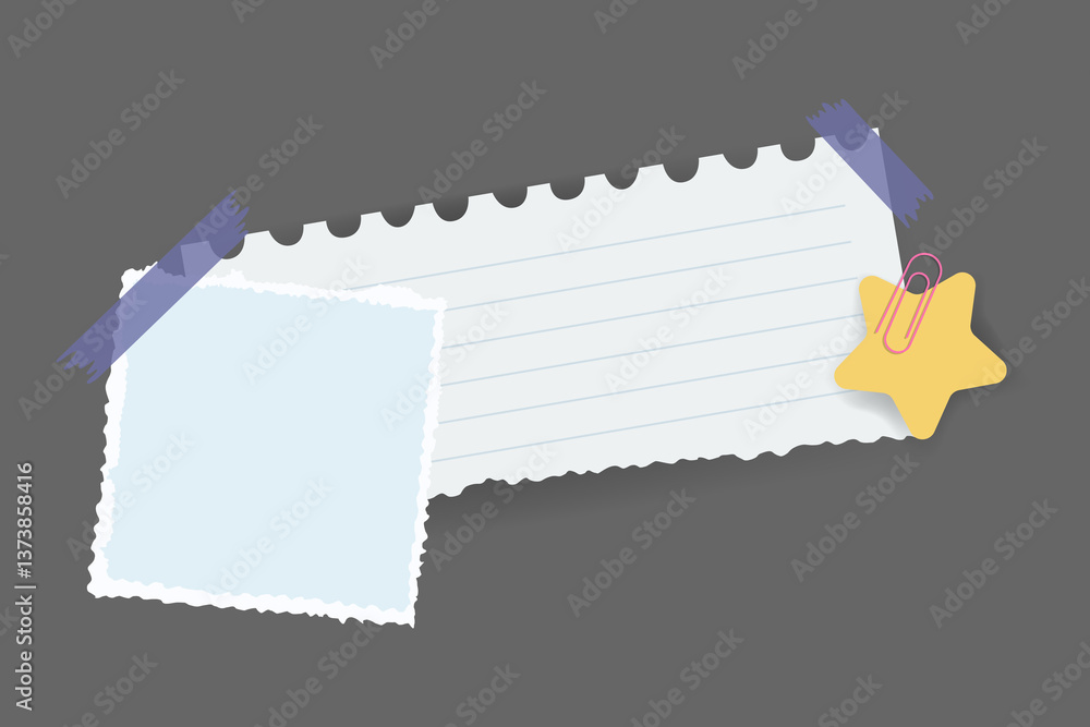 Paper notes stickers. Place for memo messages on paper sheets. Attached with sticky colorful tape on grey background isolated illustration