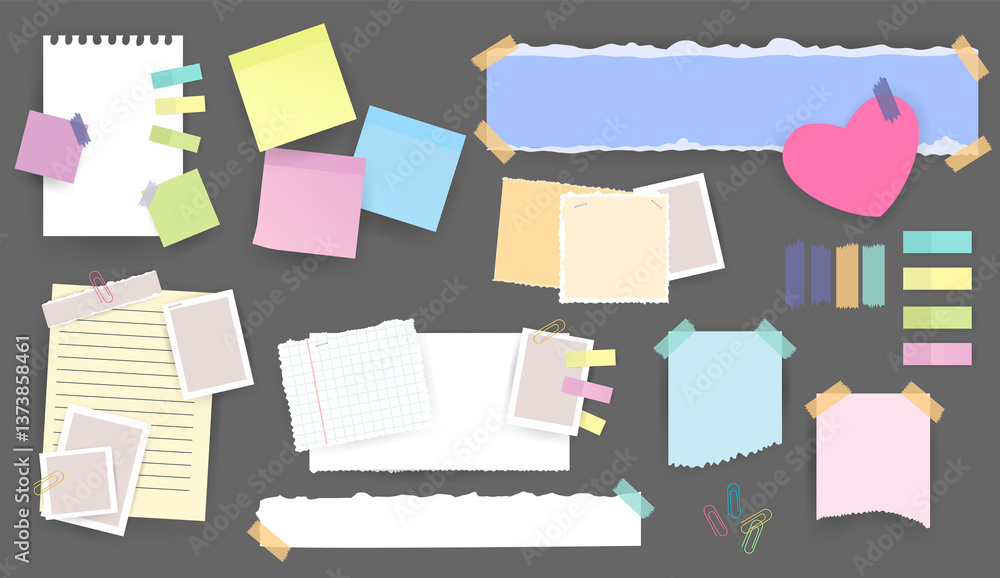 Paper notes stickers. Set of different note papers. Blank of multicolor stickers. Sticky sheets of various colors and size illustration