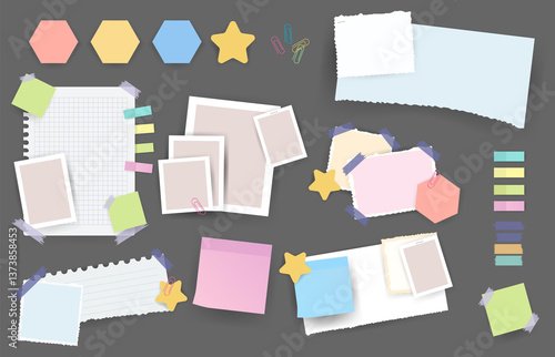 Paper notes stickers. Set of different note papers. Blank of multicolor stickers. Sticky sheets of various colors and size illustration