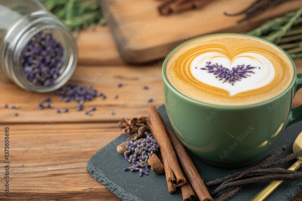 Creamy latte art featuring heart design made with lavender and s Creamy latte art featuring heart design made with lavender and s