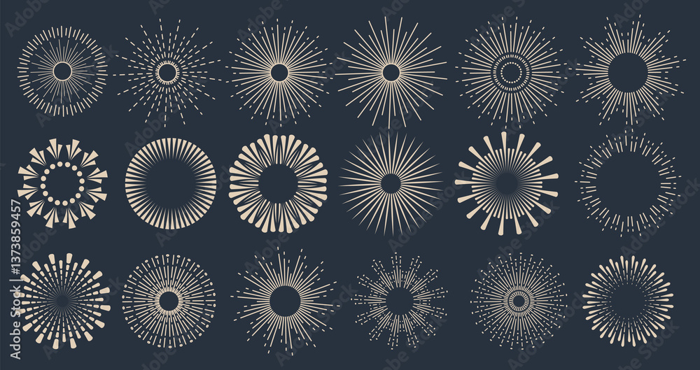 Sunbursts firework explosion, bursting or light rays, linear drawing and borders collection. trendy hand drawn retro isolated design elements