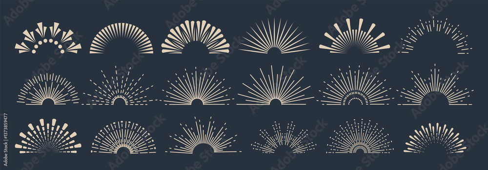 Sunbursts firework explosion, bursting or light rays, linear drawing and borders collection. trendy hand drawn retro isolated design elements