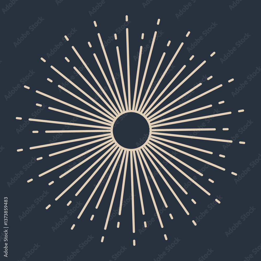 Sunburst firework explosion, bursting or light rays, linear drawing. trendy hand drawn retro isolated design element