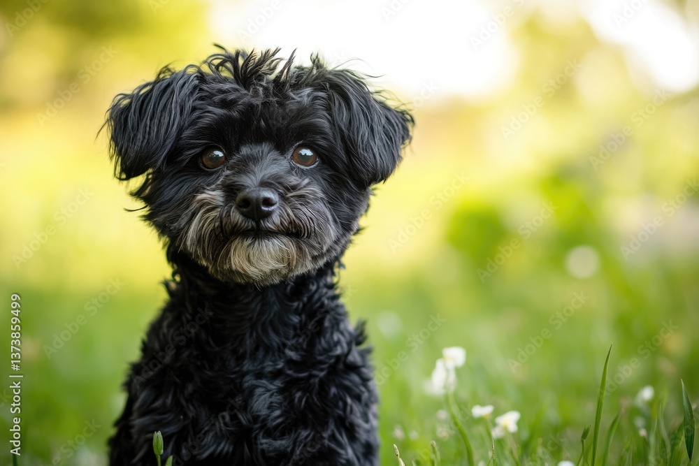 Yorkipoo Dog Portrait: Adorable Tiny Terrier in Black with Curly Fur Playing Outdoors Yorkipoo Dog Portrait: Adorable Tiny Terrier in Black with Curly Fur Playing Outdoors