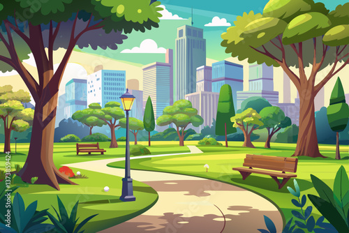 A peaceful city park in summer with tall trees, green grass, and a refreshing breeze