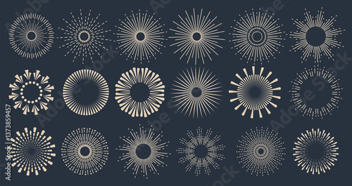 Obraz na płótnie Sunbursts firework explosion, bursting or light rays, linear drawing and borders collection. trendy hand drawn retro isolated design elements w salonie