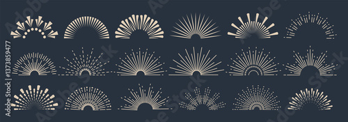 Obraz na płótnie Sunbursts firework explosion, bursting or light rays, linear drawing and borders collection. trendy hand drawn retro isolated design elements w salonie