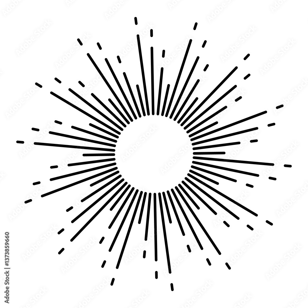 Sunburst firework explosion, bursting or light rays, linear drawing. trendy hand drawn retro isolated design element