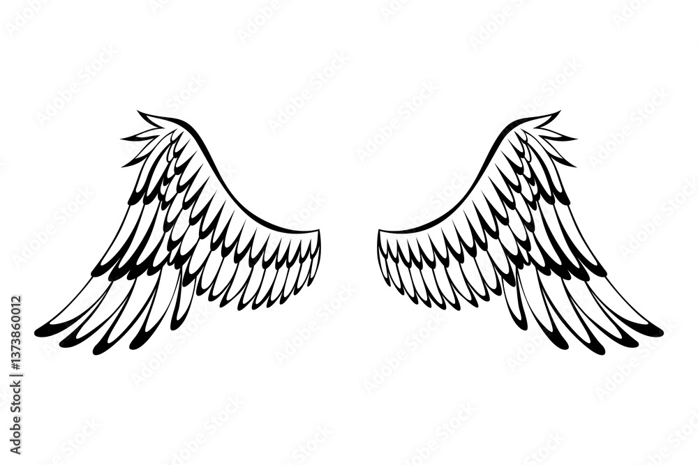 Wings sketch. Stylized birds wings. Hand drawn contoured stiker wing in open position. design elements in coloring style