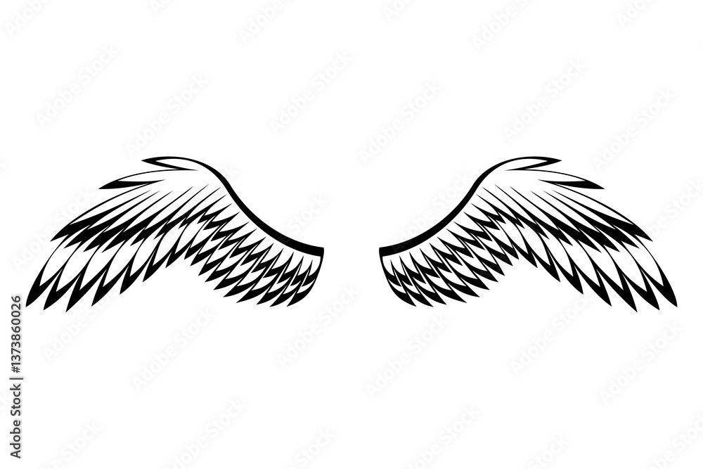 Wings sketch. Stylized birds wings. Hand drawn contoured stiker wing in open position. design elements in coloring style