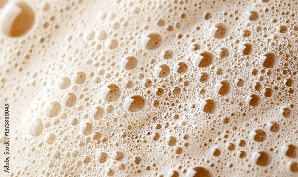 A macro shot captures the effervescent beer foam texture with many small and shiny amber bubbles. A macro shot captures the effervescent beer foam texture with many small and shiny amber bubbles.