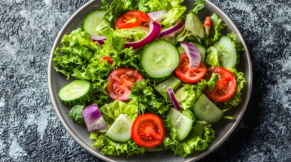 Top-down view of a fresh salad with tomatoes and cucumbers on a plate featuring copy space for text inclusion Top-down view of a fresh salad with tomatoes and cucumbers on a plate featuring copy space for text inclusion