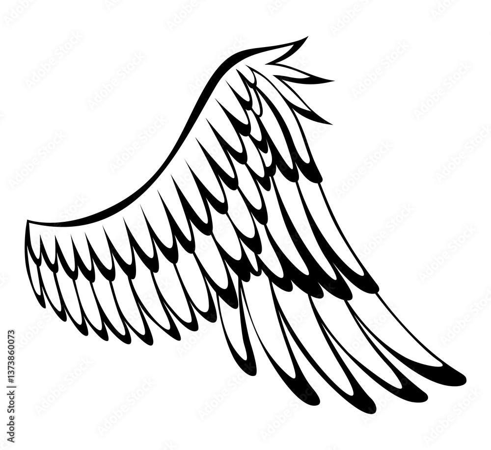 Wings sketch. Stylized birds wings. Hand drawn contoured stiker wing in open position. design elements in coloring style