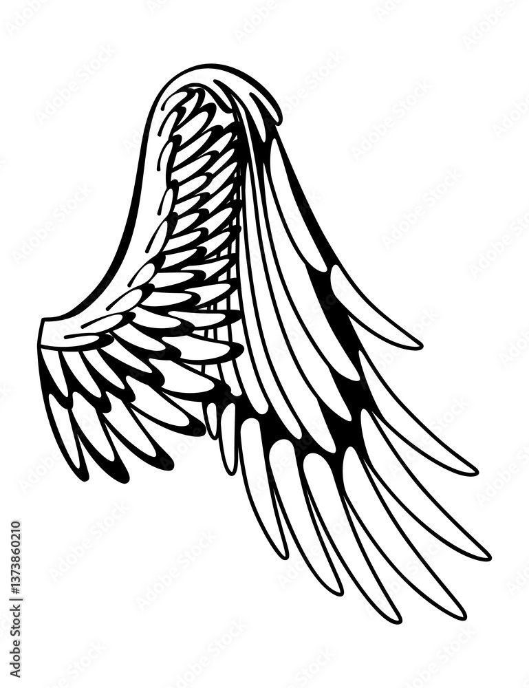 Wings sketch. Stylized birds wings. Hand drawn contoured stiker wing in open position. design elements in coloring style