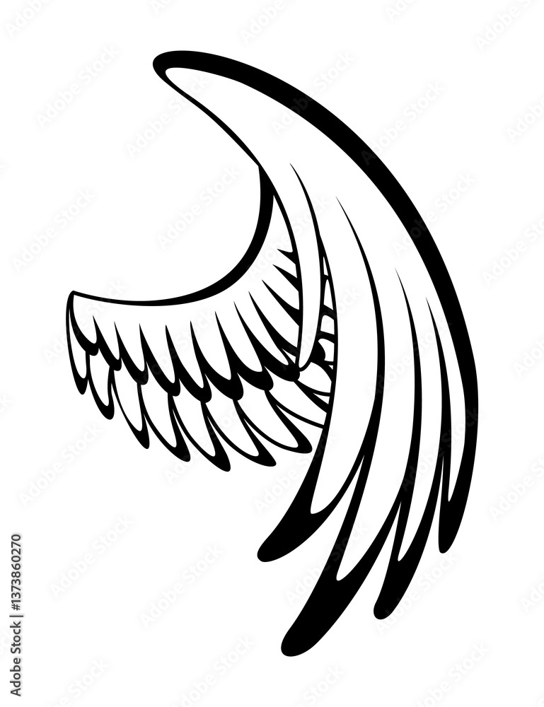Wings sketch. Stylized birds wings. Hand drawn contoured stiker wing in open position. design elements in coloring style