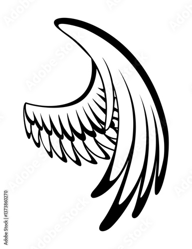 Wings sketch. Stylized birds wings. Hand drawn contoured stiker wing in open position. design elements in coloring style