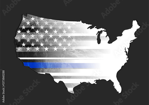 Grunge American map with black white USA flag and blue smooth stripe. American police force sign vector abstract background