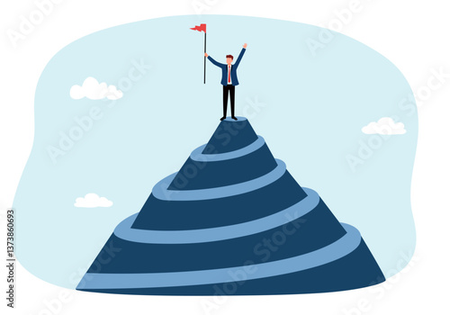 Business success concept. Confidence businessman holding winner flag on top of mountain peak.