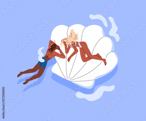 Romantic couple is swimming in the ocean together. Tanned people are floating on inflatable mattress in water. Girl and boy sunbathing on pool raft in sea in summer. Flat isolated vector illustration