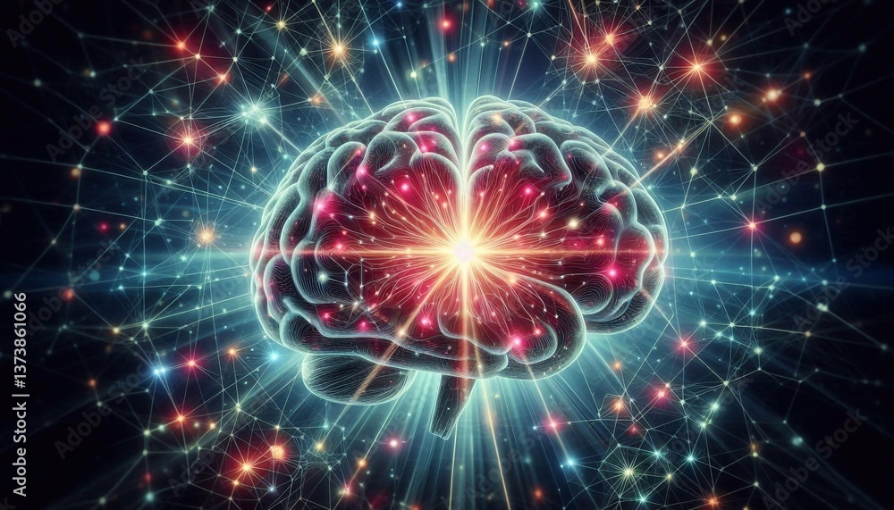 Fototapeta premium Bright glowing brain on neural network background. Artificial intelligence concept