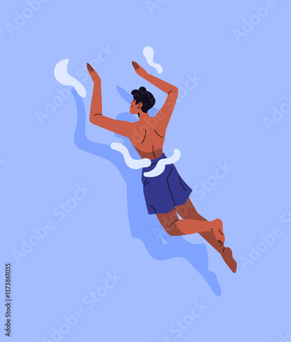 Young man in swimwear is swimming in ocean at summer vacation top view. Happy boy is floating in pool in sea resort on holidays. Tanned swimmer has fun in water. Flat isolated vector illustration