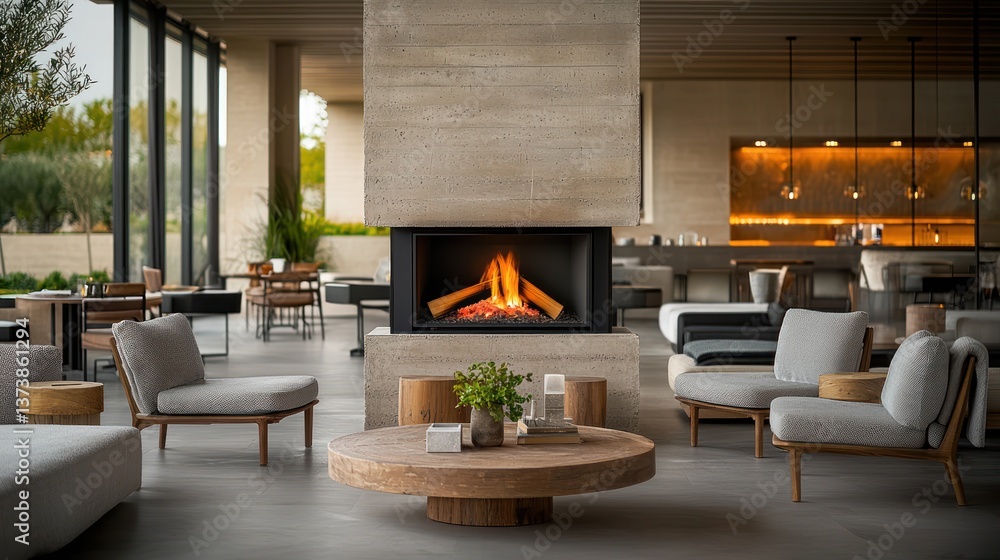 Fototapeta premium Modern open-plan living area with fireplace