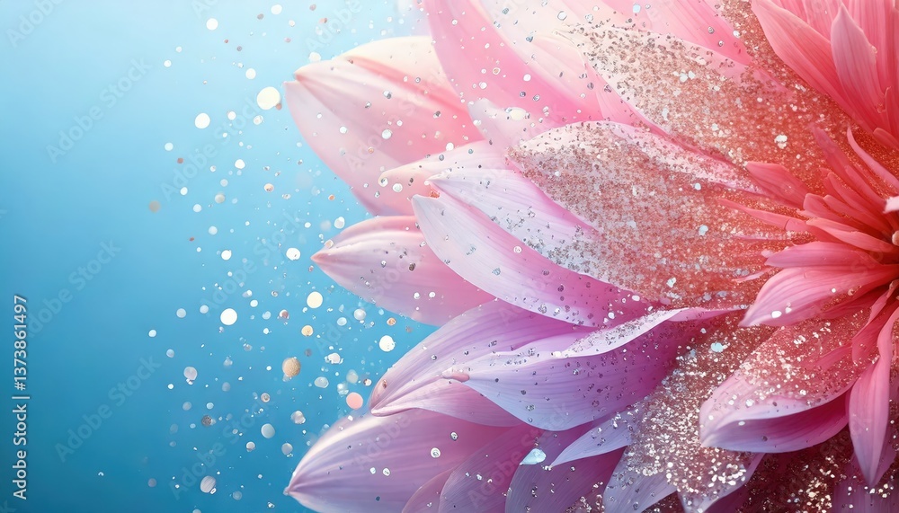 Fototapeta premium キラキラと輝く花びらが魅力のフラワーバックグラウンド, 幻想的なピンクの花と青のグラデーション背景 – フェミニンな装飾