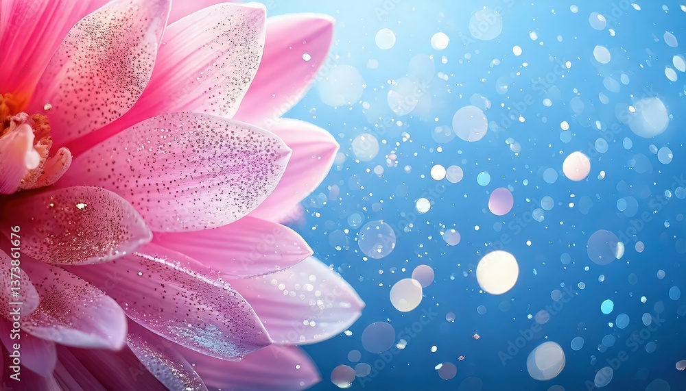 Fototapeta premium キラキラと輝く花びらが魅力のフラワーバックグラウンド, 幻想的なピンクの花と青のグラデーション背景 – フェミニンな装飾