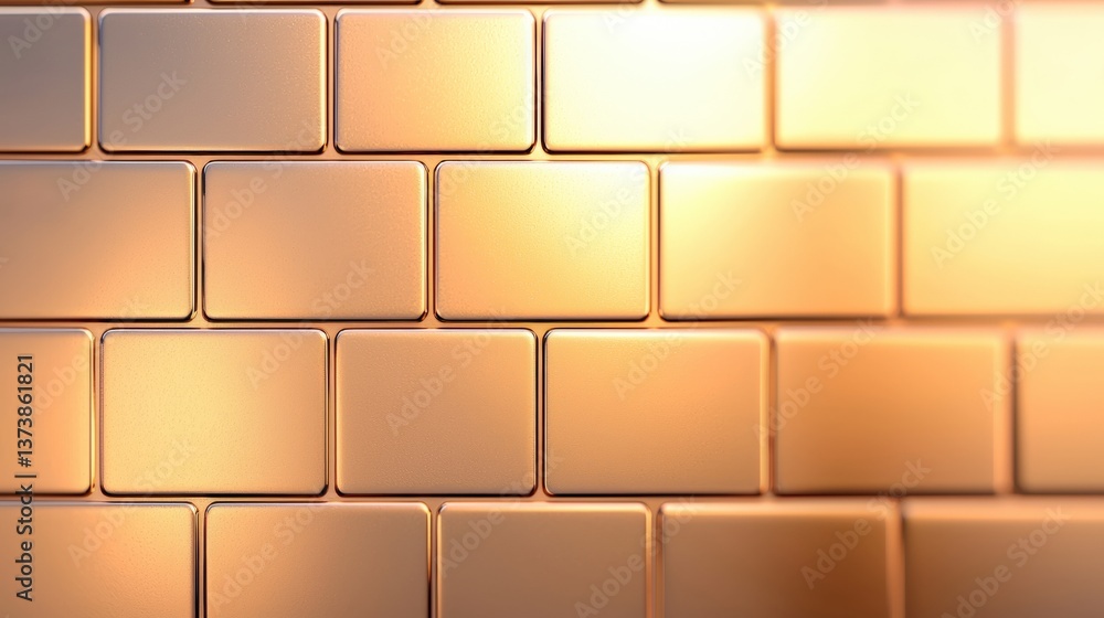 Obraz premium A close-up image of a textured wall made of golden tiles, reflecting light and creating a warm, luxurious ambiance.