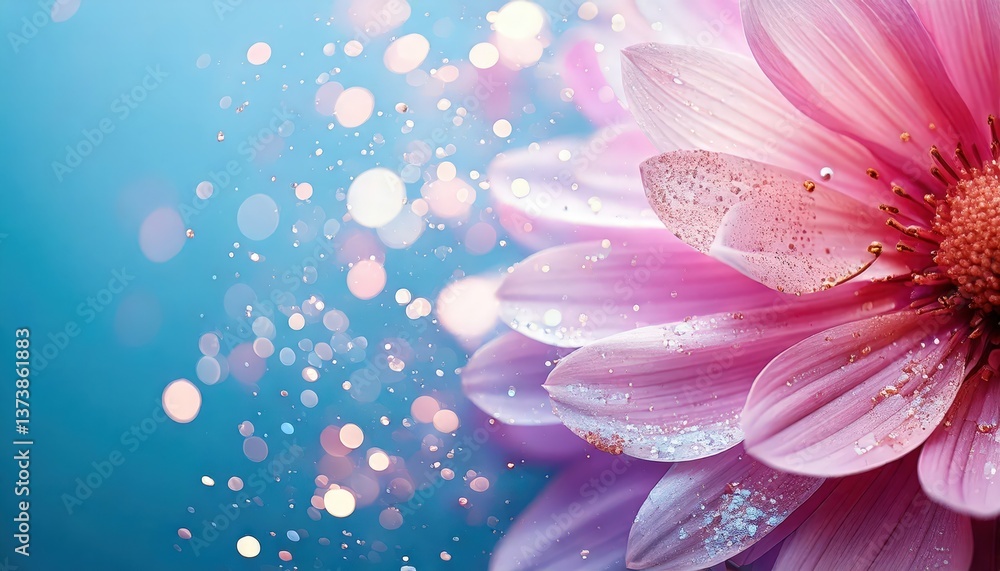 Fototapeta premium ピンクのガーベラとブルー背景の美しい花のアップ – 春のデザイン素材