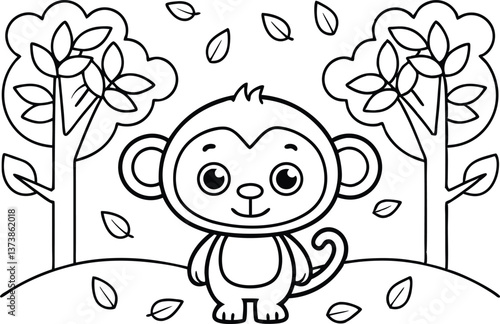Line Art Cute Monkey Standing in Forest with Falling Leaves and Trees