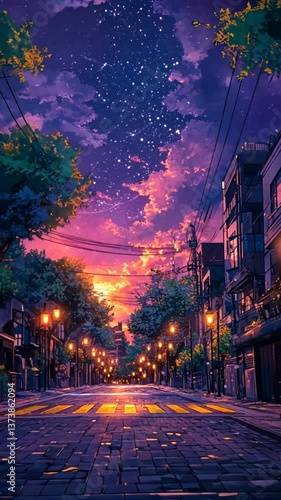 Night street sunset cityscape anime illustration
