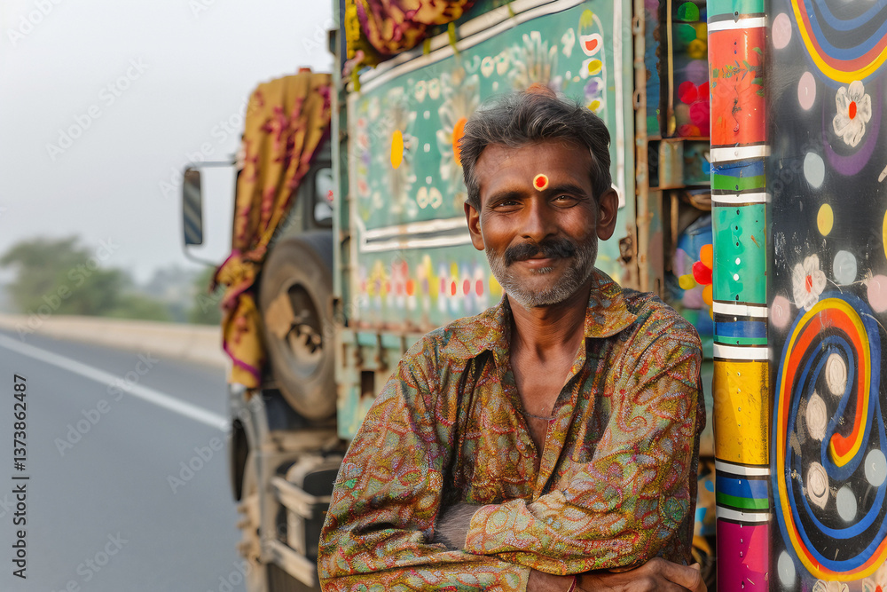 Obraz premium an Elderly Indian man with a warm smile, leaning against a vibrantly decorated truck. Cultural portrait, travel, road trip, folk art, traditional clothing, authentic.