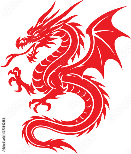 Red dragon tattoo design vector graphics, Red Chinese dragon silhouette